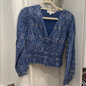 Elegant Blue Patterned Women's Blouse